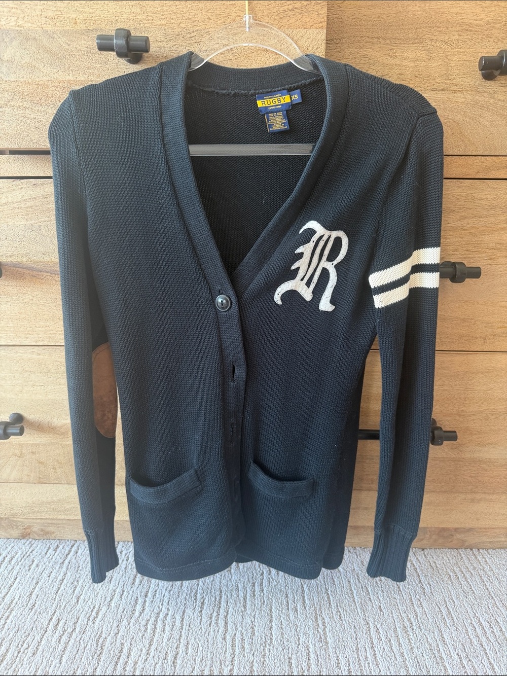 Rugby Ralph Lauren Black V-Neck Cardigan with White Stripe Detail
